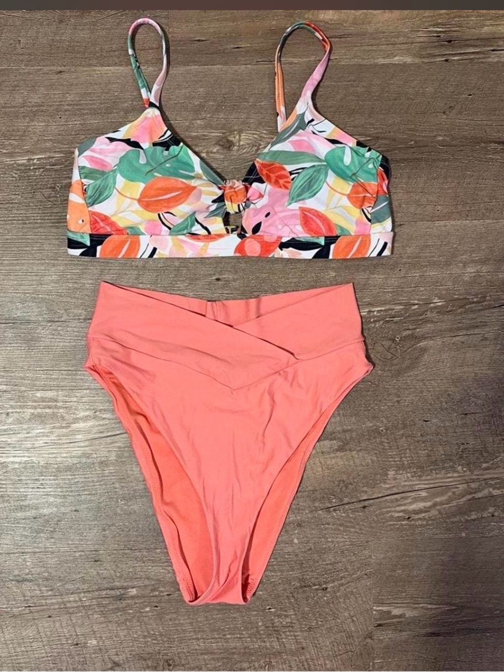 High-Waist Coral Bikini Set with Floral Print Top - Women Swim